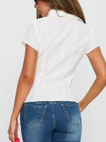 Women's Y2K Plaid Shirt Button-Up Short Sleeve Collared Slim Fit Casual Summer Blouse Tops - White - View 7
