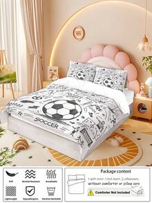 Conjunto de cama com 4 peças de estampa de futebol em preto e branco, estilo desenho animado, inclui 1 capa de edredom + 2 fronhas + 1 lençol, adequado para quarto, hotel, escola, apartamento