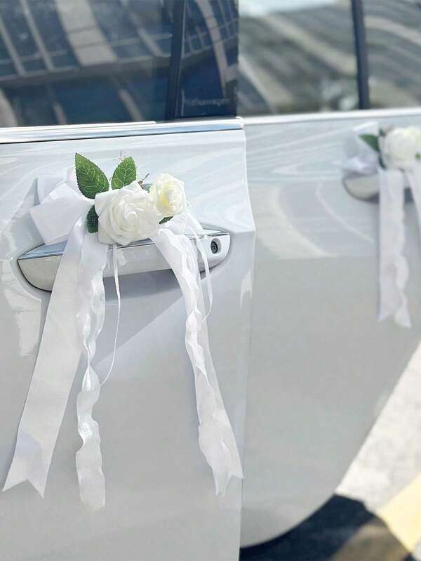 4pcs Artificial Car Flower Bouquet, Decorated With Ribbon Bow, Suitable For Wedding Car Door, Rearview Mirror, Door Handle, Chair, Table Center Decoration, Birthday Party Gift Decor