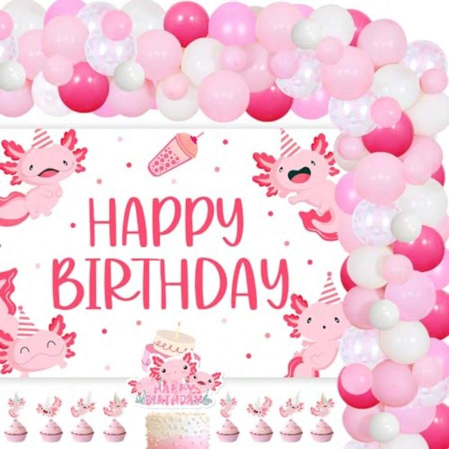 Axolotl Theme Birthday Party Dration Happy Birthday Backdrop Pink Balloon Garland Arch Kit Axolotl Theme Cake And Cupcaker Toppers For Boys  1st 2nd 3rd Birthday Party Dr Supplies - 粉色 - 查看 1