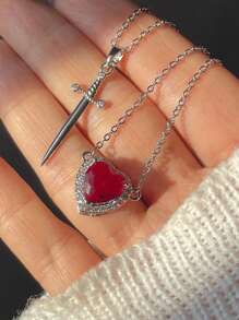 2pcs/Set Elegant Luxury Red Heart & Sword Couple Necklace, Stainless Steel Chain With Sparkling Cubic Zirconia Pendant, Suitable As Gift For Women & Men