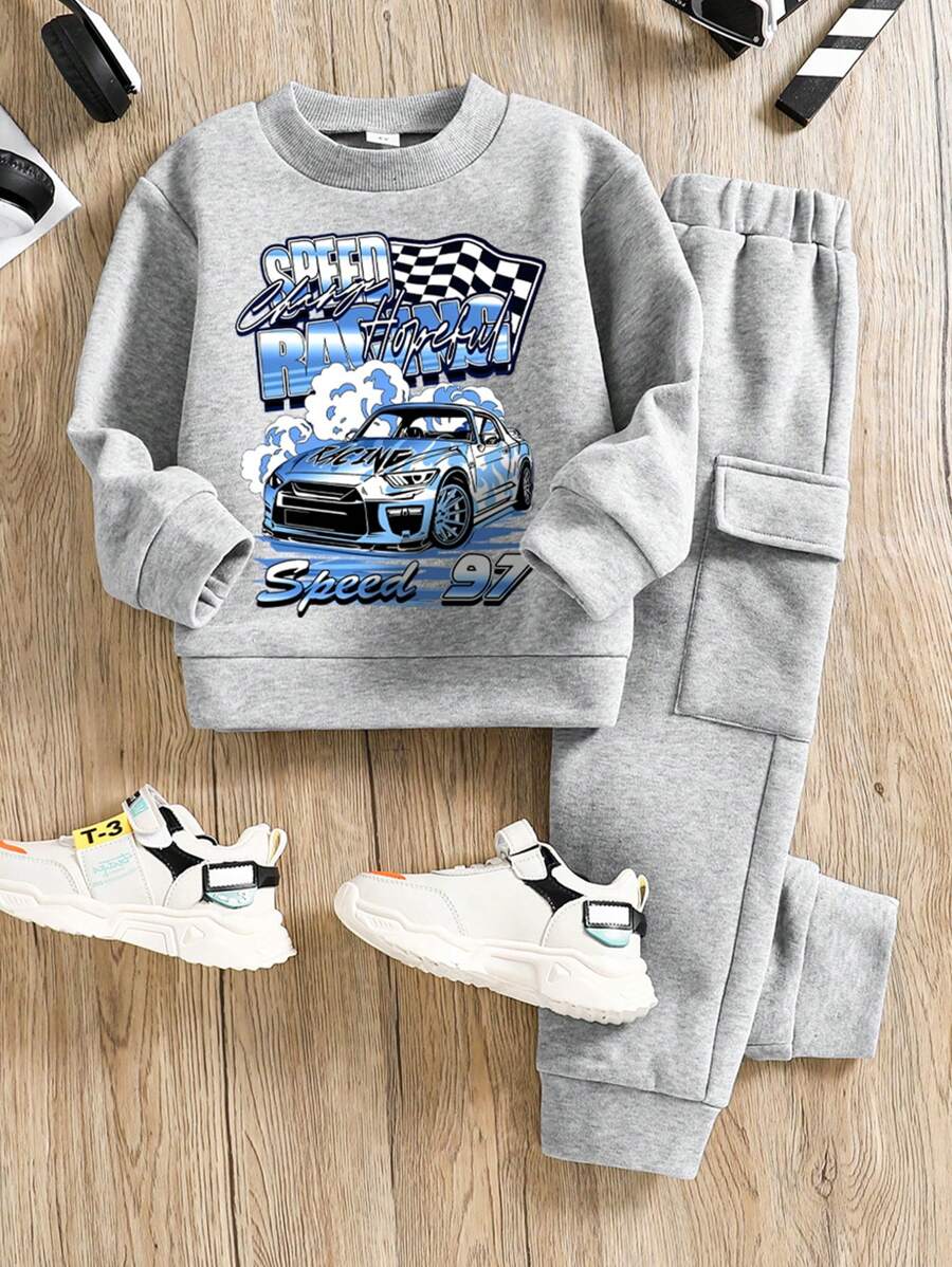 Toddler Cartoon Print Warm Crew Neck Sweatshirt And Pants Set - Grey - View 1