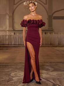 Đầm cocktail thanh lịch, ôm sát, hở vai, xẻ tà gợi cảm, đầm dạ hội dài, đầm dự tiệc Giáng sinh, đầm cưới mùa xuân. - Màu Đỏ Sâu - Xem 4