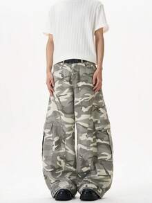 1 条正义兄弟复古美式拼布设计水洗牛仔工装裤，休闲阔腿宽松街头风长裤（不含腰带和配饰） - 米色 - 查看 2