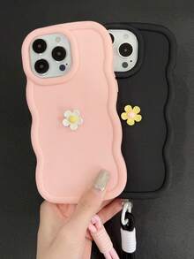 1 件（波浪边手机壳 + 3D 花朵 + 免费腕带 - 适用于 15/14 Pro Max、S24/S23 Ultra（纯色极简主义、波西米亚 2Y2 风格））送给她的礼物 - 粉色 - 查看 4