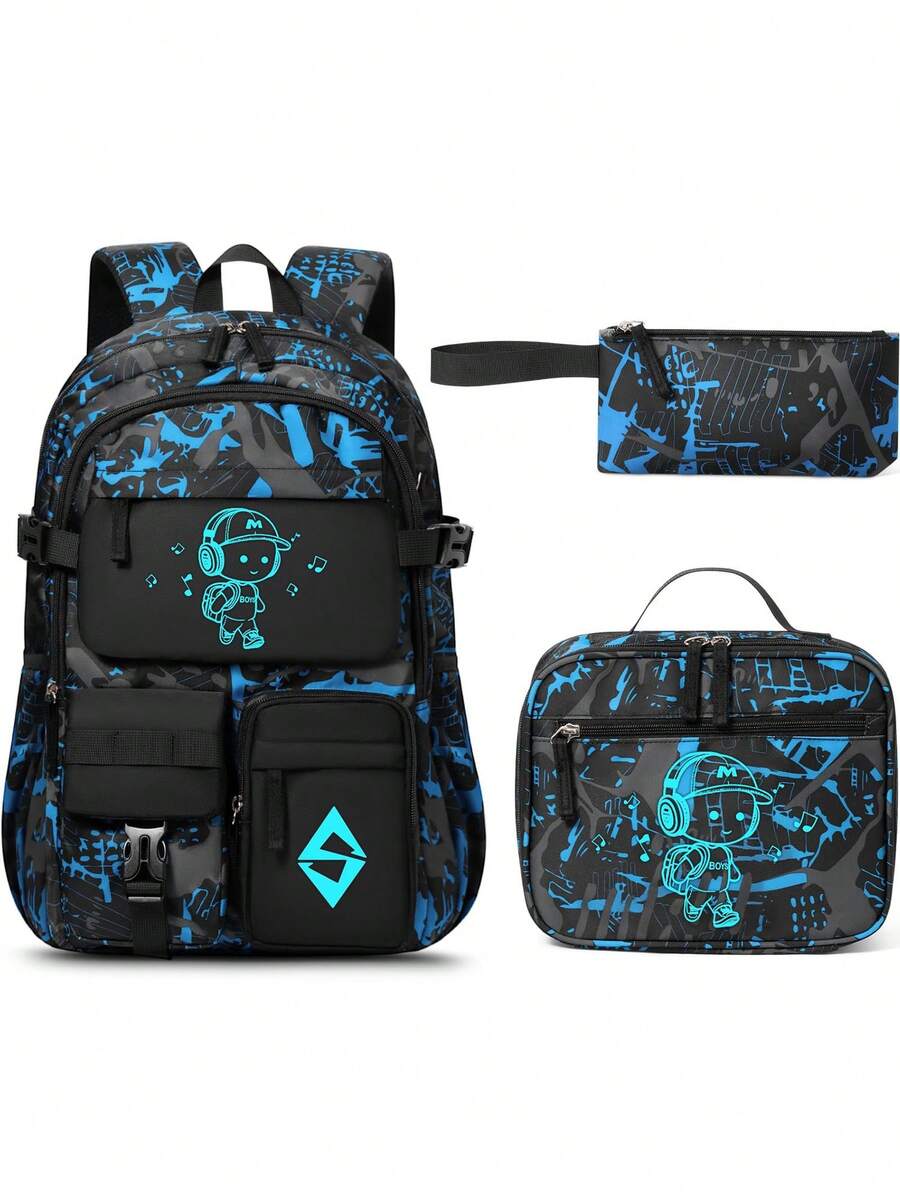 Glow In The Dark Backpack For School Boys, 3 PCS Cool Luminous Kids Backpacks With Lunch Box & Pencil Pouch, Toddler Backpack Bookbag Schoolbag Set For Elementary To High School Students, Back To School Gift For Son, Grandson, Nephew, Brother, Friend - Music - 查看 1
