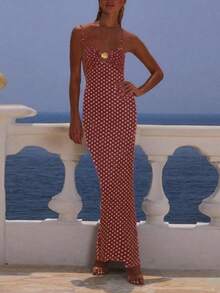 一件波点印花夏季无袖连衣裙，适合女性在情人节、海滩度假和派对等场合穿着。 - 紅色 - 查看 4