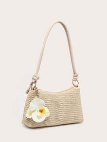 Women's Single Shoulder Underarm Bag, Square Bag, PU Cotton Rope Flower Pendant, Large Capacity, Lightweight, Lazy And Fashionable Beach Vacation Style, Suitable For Shopping And Vacation.