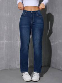 冬季保暖直筒牛仔裤 - 深色水洗藍 - 查看 6