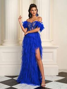 Women's Heavy Embellished Off Shoulder Feather, Lace, Wrap, Chiffon Ruffle Hem And High Slit Formal Gown - Royal Blue - View 4