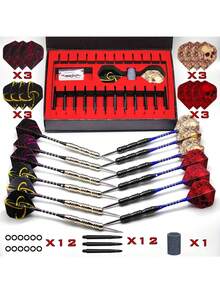 母亲节礼物 12 支飞镖豪华礼盒，含 24 支飞镖翼，铁尖配铝合金镖杆，骷髅飞镖翼，适用于室内俱乐部娱乐、体育比赛和休闲户外游戏 - 彩色 - 查看 7