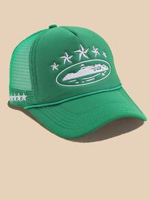 1顶刺绣五角星棒球网帽，可调节户外防晒休闲帽，适合春秋季旅行、海滩，男女皆宜，Y2K风格，（运输过程中可能略有变形，不影响使用）