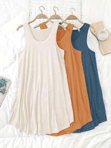 3pcs Plus Size Basic Casual Dress Set, Round Neck Solid Color Slip Dress For Women, Spring/Summer, All Season, Moo Moo