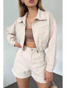 Casual Solid Color Pocket Zip Up Cropped Denim Jacket - Beige - View 4
