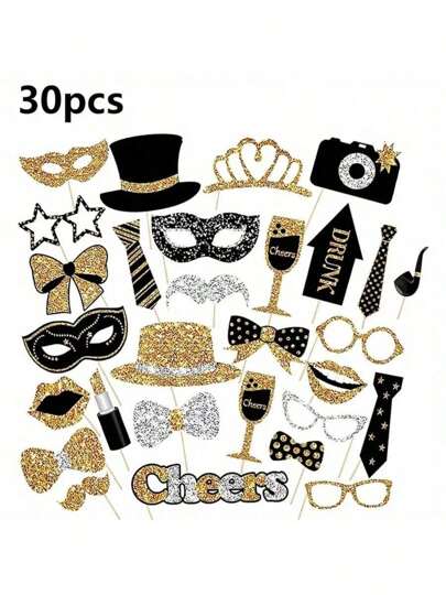 30 st svarta och gyllene bröllopsfotorekvisita - eleganta dekorationer i inredningsstil för födelsedagsfest, fotograferingsprydnader med pappersmaterial, inga fjädrar