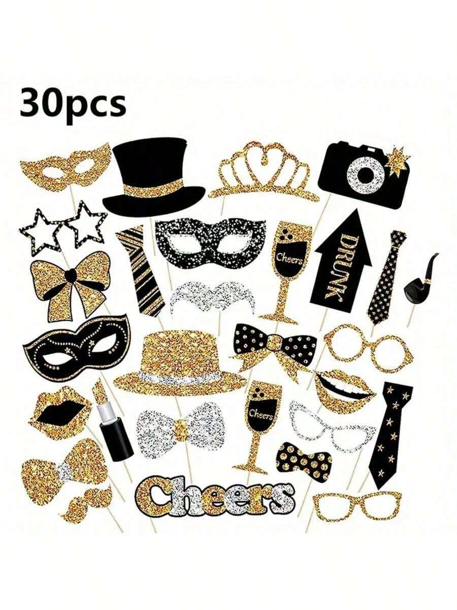 30 件黑色和金色婚礼摄影道具 - 优雅的 Ins 风格生日派对装饰品，采用纸质材料拍摄装饰品，无羽毛 - 彩色 - 查看 1