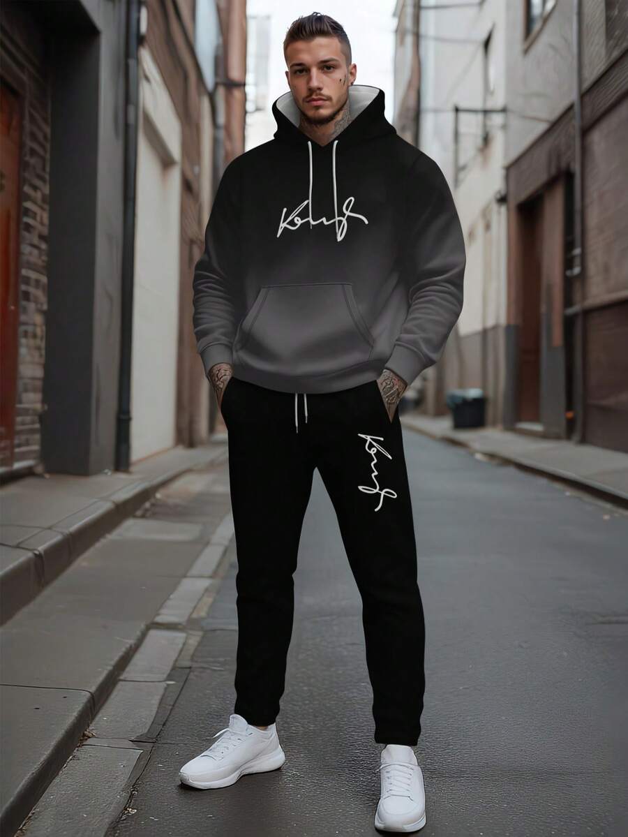 Men's Gradient "KING" Print Hoodie And Pants Set, Suitable For Spring And Autumn - Black - View 1