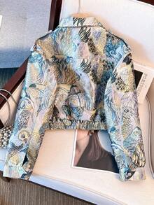 Vintage Embroidered Jacquard Motorcycle Jacket, Streetwear Vibe, Front Zipper Closure Pockets Spring - Blue - View 3