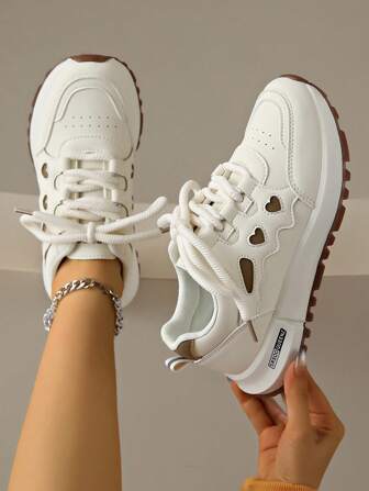 New Women Thick Sole Sneakers, Rhinestone Decor, Beige Leather, Fashion Flat Outdoor Casual Chunky Sneakers, All Season