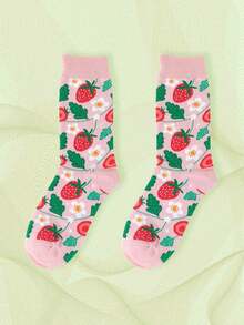 1 双男女款可爱有趣的草莓和花朵图案中筒袜，适合春、夏、秋季日常、运动和派对穿着，是送给家人、朋友和伴侣的好礼物 - 粉色 - 查看 4