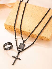 18K Gold Plated Exaggerated Hip-Hop Jewelry Set: 3pcs Stainless Steel Cross Pendant Necklace, Matching Bracelet And Ring - 3pcs - View 9