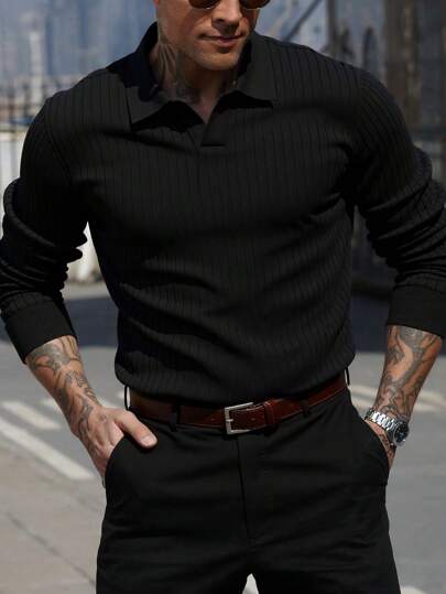 Herrtröja med tunn, långärmad ribbad stickning och lös passform, minimalistisk och trendig, lämplig för daglig pendling, vår/höst