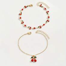 2 pezzi Cavigliera donna con pendente a forma di ciliegia, semplice e alla moda, adatta per uso casual, viaggio, spiaggia, uso quotidiano, elegante e luminosa collana gioiello.