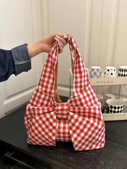 Women's Checkered Bow Decoration Shoulder Underarm Bag, Sweet And Cool Outdoor Vacation Travel Bag, Multifunctional Daily Commuting Shopping Shoulder Bag, Casual Cell Phone Coin Storage Bag, Cute Bow Bag For Women