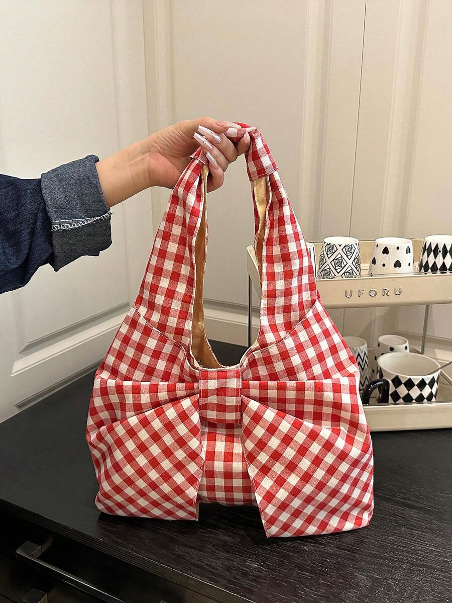 Women's Checkered Bow Decoration Shoulder Underarm Bag, Sweet And Cool Outdoor Vacation Travel Bag, Multifunctional Daily Commuting Shopping Shoulder Bag, Casual Cell Phone Coin Storage Bag, Cute Bow Bag For Women , Bow