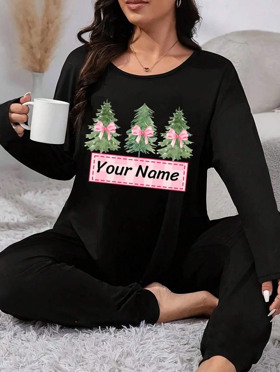 Personalized Plus-Size Women's Pink Christmas Tree & Gift Name Custom Print Lounge Set - Cozy Long Sleeve Crew Neck Top & Stretchy Pants, Soft Polyester Blend, Machine Washable - Perfect For Holiday Home Comfort, Cozy Home Outfit, Casual Comfort Wear, Machine Washable Loungewear, Fall