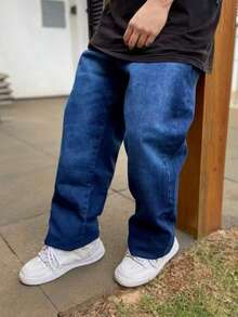 Balao Straight Baggy Jeans, Light And Dark, Skate Style - 深色水洗藍 - 查看 3