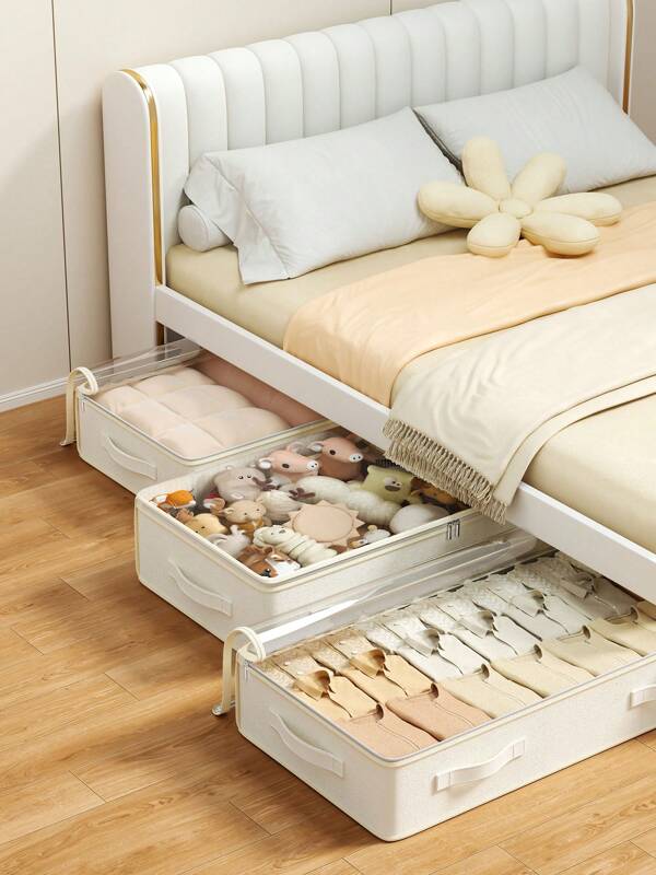 1PC White Transparent Bed Bottom Clothing Storage Bag, Foldable Portable Large Capacity Storage Bag, Blanket Storage Bag, Children's Toy Storage Bag, Shoe Storage Bag, Bedroom Bed Bottom Blanket Storage Bag, Effectively Utilizing Idle Space Under The Bed, Thick Fabric With Zipper Blanket Storage Container Bag, Suitable For Family And Dormitory Storage And Organizing Accessories