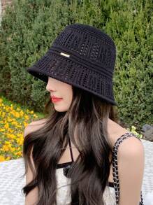 1pc Women Solid Color Knitted Hollow Out Bucket Hat, Simple Fashion Versatile Summer Breathable Sun-Shading Cap, Face Slimming Bucket Hat
