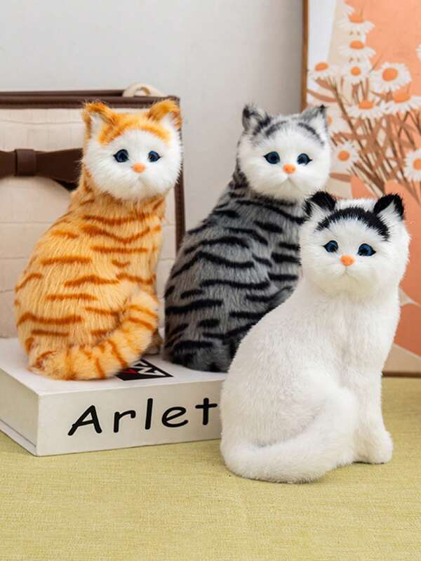 1pc Lifelike Fat Cat Plush Statue - 8 Inches Realistic Sitting Kitten With Eye Contact Pose, Handmade Faux Fur Craft, For Sofa Decoration And Cat Lover Birthday Gift