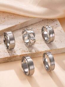 5入組時尚不鏽鋼戒指，簡約黑色羅馬數字戒指，中空旋轉戒指，男士酷炫嘻哈戒指配件