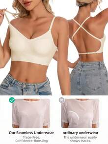 女士露背无肩带文胸，夏季无缝文胸，新娘文胸，新娘内衣，3种肩带可选，透气，肩带可调节，轻盈舒适，适合婚礼、正式礼服、吊带裙，A/B罩杯 - 杏色 - 查看 5