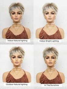 Brazilian Wig 8" Short Straight Layered Grey Wig, Natural Look For Parties, Mother's Day & Casual Attire, Party Accessories, Natural Wig., Halloween - Blonde Highlight - View 9