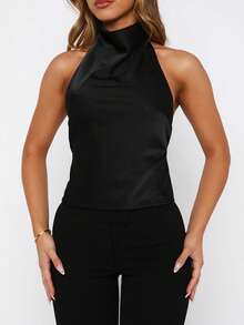 Women's Halter Neck Satin Tank Tops Mock Neck Sleeveless Backless Shirts Solid Color Slim Fit Crop Tops Summer High Neck Vest Camisoles Holiday Beachwear Party Clubwear - 黑色 - 查看 3
