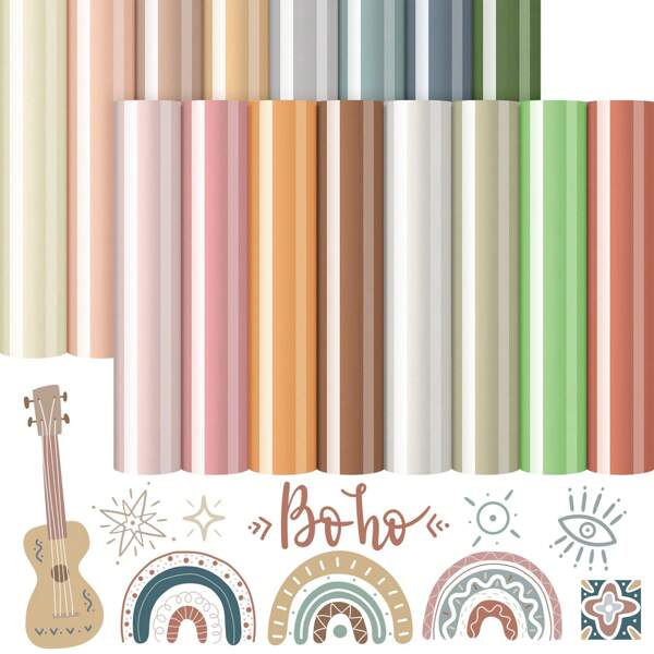 16pcs Bohemian Color Heat Transfer Vinyl, Dark Color Iron-On Vinyl, Assorted Printed Adhesive Vinyl Crafts, 12" X 10", For Apparel, Clothing DIY, Fabric Crafts