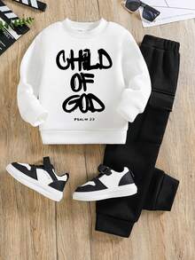 Toddler Letter Print Warm Crew Neck Sweatshirt And Pants Set - Black - View 1