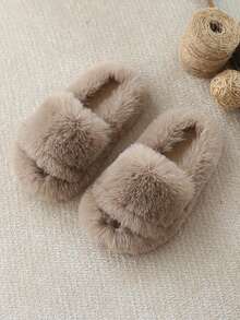 Zapatillas de casa de diseño minimalista y unicolor para niñas, de peluche, cálidas y suaves para el invierno - Caqui - Ver 13