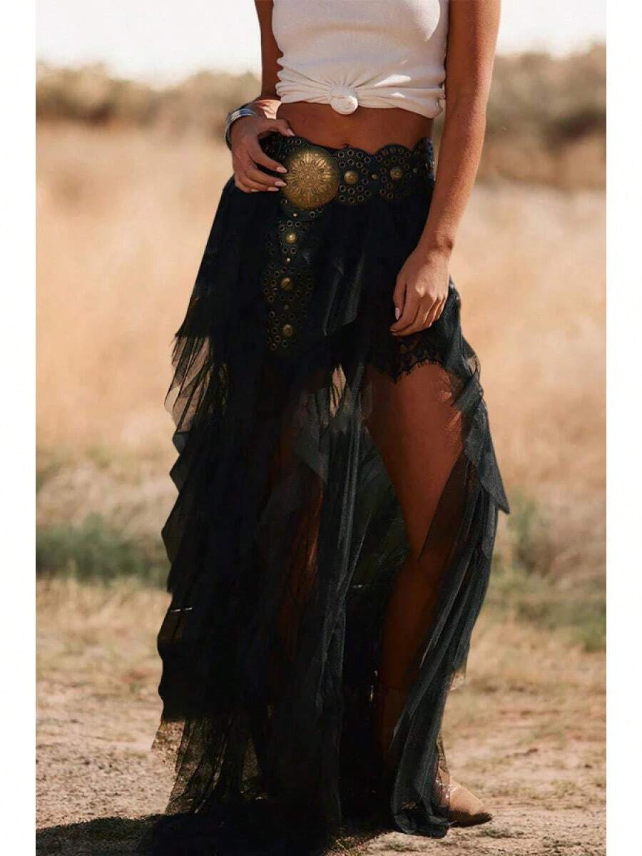 Plus Size Women's Steampunk Gothic Wrap Dress Victorian Ruffle Pirate Skirt - Black - View 1