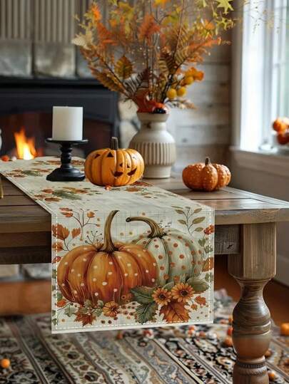 Autumn Pumpkin Maple Leaf Woven Table Runner - 100% Line Rectangular Table Flag - Ideal For Halloween, Thanksgiving, And Seasonal Home Decor - 1pc (13x35.4/47.2/63/72/78.7 Inches), Fall Decorations For Home