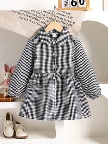 1pc Girls' Spring/Autumn New Plaid Collar Long Sleeve Dress, Fitted & Comfortable Fashion Warm Casual Childrenswear - Black and White - View 1