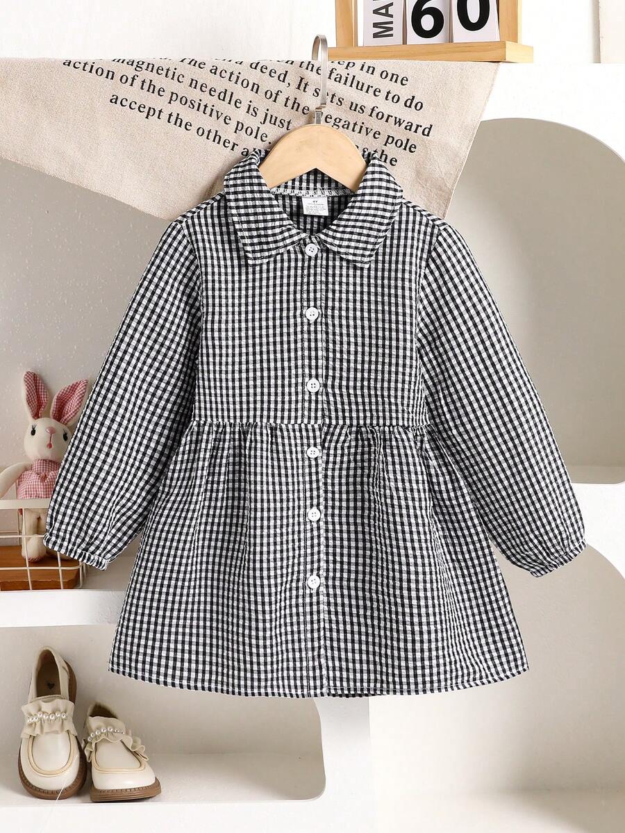 1pc Girls' Spring/Autumn New Plaid Collar Long Sleeve Dress, Fitted & Comfortable Fashion Warm Casual Childrenswear - Black and White - View 1