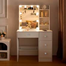 80cm Vanity Dressing Table Set With LED Mirror, Drawers & Crystal Pull, Open Multi-Level Shelves, Color Lighting Modes & Dimmable, White Dressing Table 10 Bulbs LED Sliding Mirror Set Vanity Desk Cabinet, Modern Bedroom Furniture