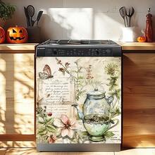 1 件复古花卉 2D 平面印刷磁性洗碗机门贴纸 - 防水、易清洁、可重复使用、适用于洗碗机、冰箱、洗衣机、烘干机装饰、无需胶水、厨房配件装饰、适合大多数洗碗机、家居装饰