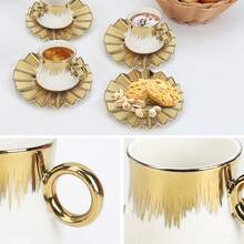 6-Piece Turkish Coffee Cup Set - 3.5oz Ceramic Espresso Cups With Gold-Plated Rims & Saucers - Ottoman-Style Gold Design In Gift Box - White - View 4