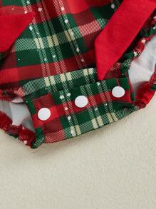 Baby Girls Christmas Plaid Romper Cute Santa Claus Embroidery Long Sleeve Doll Collar Jumpsuit With Bow Headband