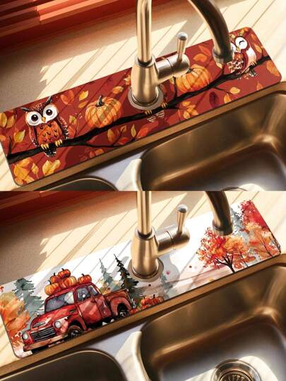Tapis de protection pour robinet, tapis de protection pour robinet avec citrouille et hibou d'Halloween, crée une ambiance festive, tapis anti-éclaboussures pour robinet de salle de bain, tapis antidérapant et étanche pour robinet, accessoire de plan de travail de cuisine, accessoire de table de cuisine et de salle à manger, évier, tapis de séchage absorbant l'humidité, tapis d'évier multifonction absorbant l'huile et résistant